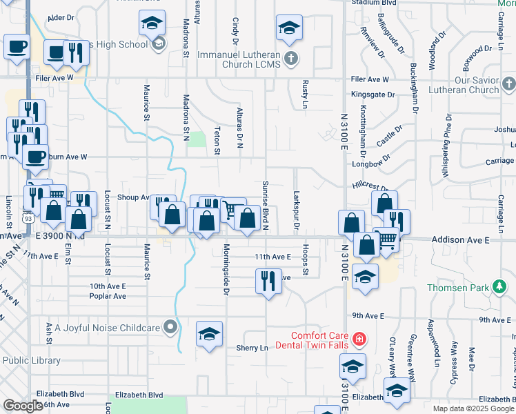 map of restaurants, bars, coffee shops, grocery stores, and more near 185 Sunrise Boulevard North in Twin Falls