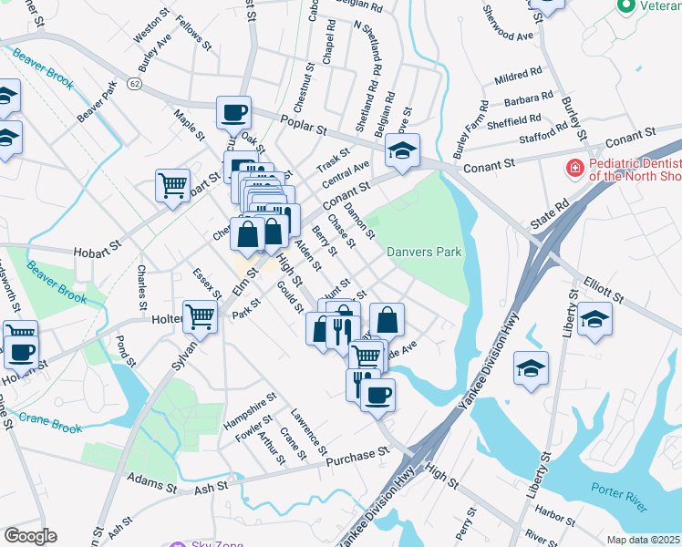 map of restaurants, bars, coffee shops, grocery stores, and more near 27 Berry Street in Danvers