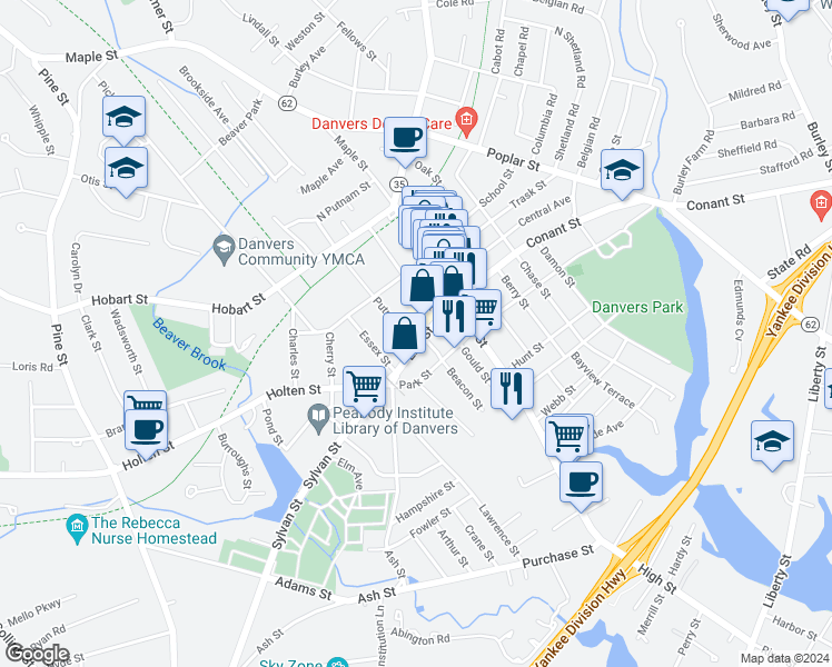 map of restaurants, bars, coffee shops, grocery stores, and more near 14 Park Street in Danvers