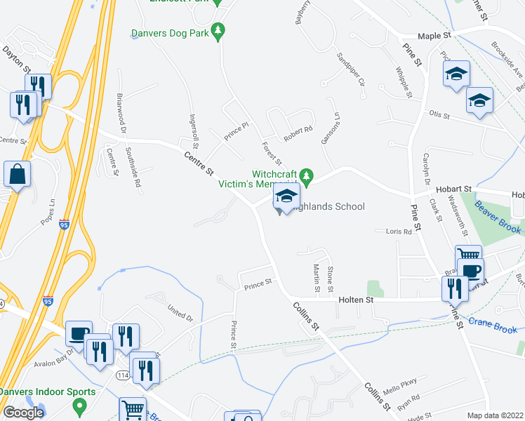 map of restaurants, bars, coffee shops, grocery stores, and more near 41 Centre Street in Danvers