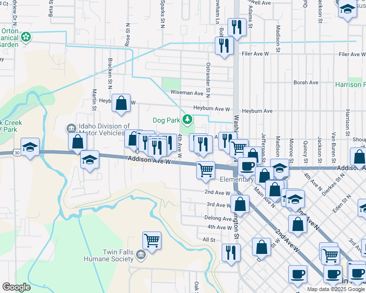 map of restaurants, bars, coffee shops, grocery stores, and more near 158 Blake Street North in Twin Falls