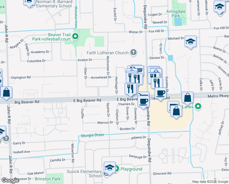 map of restaurants, bars, coffee shops, grocery stores, and more near 2718 East Big Beaver Road in Troy