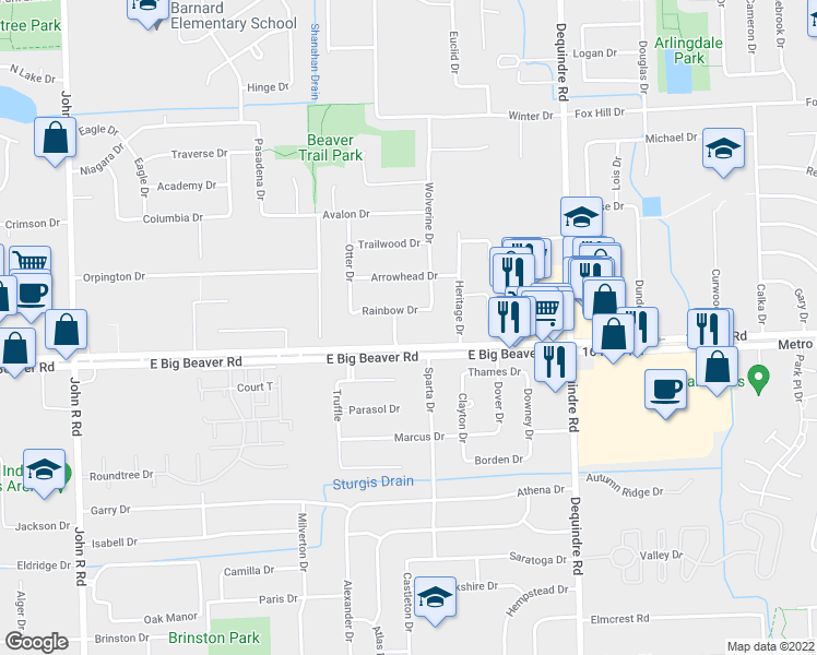 map of restaurants, bars, coffee shops, grocery stores, and more near 3034 Waterfall Drive in Troy