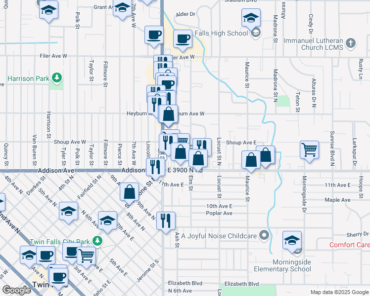 map of restaurants, bars, coffee shops, grocery stores, and more near 178 Ash Street North in Twin Falls