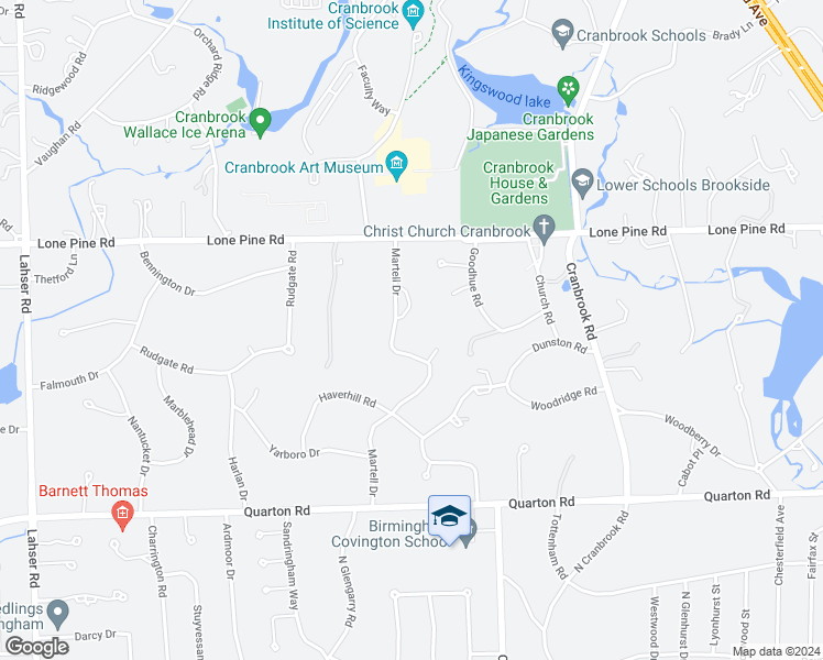 map of restaurants, bars, coffee shops, grocery stores, and more near 400 Martell Drive in Bloomfield Hills