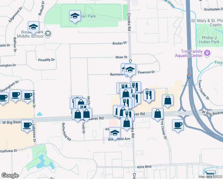 map of restaurants, bars, coffee shops, grocery stores, and more near 1050 Wilshire Drive in Troy