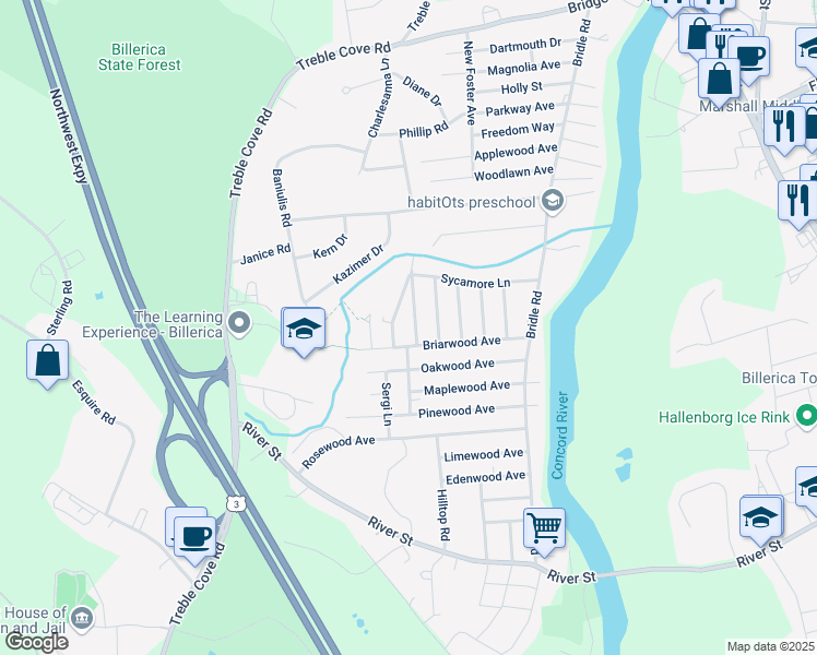 map of restaurants, bars, coffee shops, grocery stores, and more near 62 Briarwood Avenue in Billerica