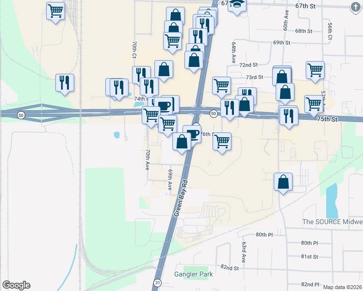 map of restaurants, bars, coffee shops, grocery stores, and more near 6900 78th Street in Kenosha