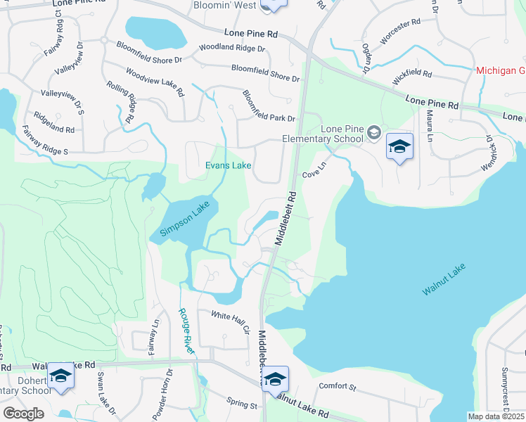 map of restaurants, bars, coffee shops, grocery stores, and more near 5045 Oakbrooke Drive in West Bloomfield Township