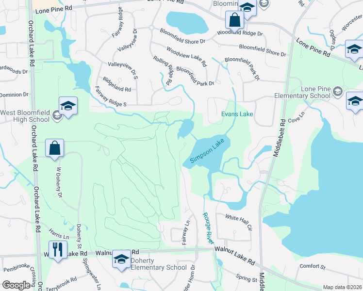 map of restaurants, bars, coffee shops, grocery stores, and more near 5127 Simpson Lake Road in West Bloomfield Township