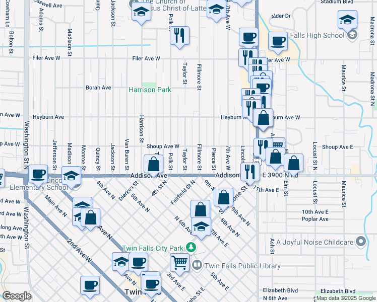 map of restaurants, bars, coffee shops, grocery stores, and more near 147 Taylor Street in Twin Falls