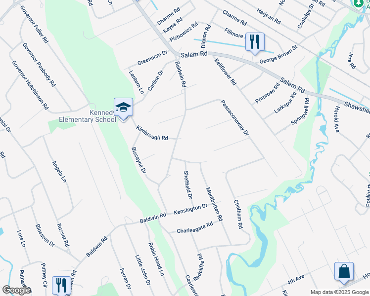 map of restaurants, bars, coffee shops, grocery stores, and more near 12 Westminster Road in Billerica
