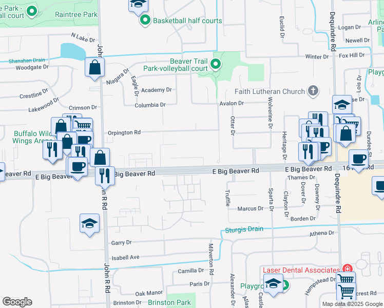 map of restaurants, bars, coffee shops, grocery stores, and more near 2395 East Big Beaver Road in Troy