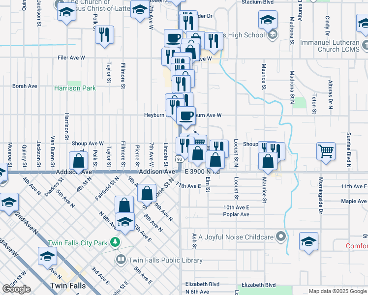 map of restaurants, bars, coffee shops, grocery stores, and more near 141 Blue Lakes Boulevard North in Twin Falls