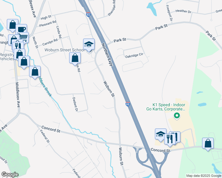 map of restaurants, bars, coffee shops, grocery stores, and more near 280 Woburn Street in Wilmington
