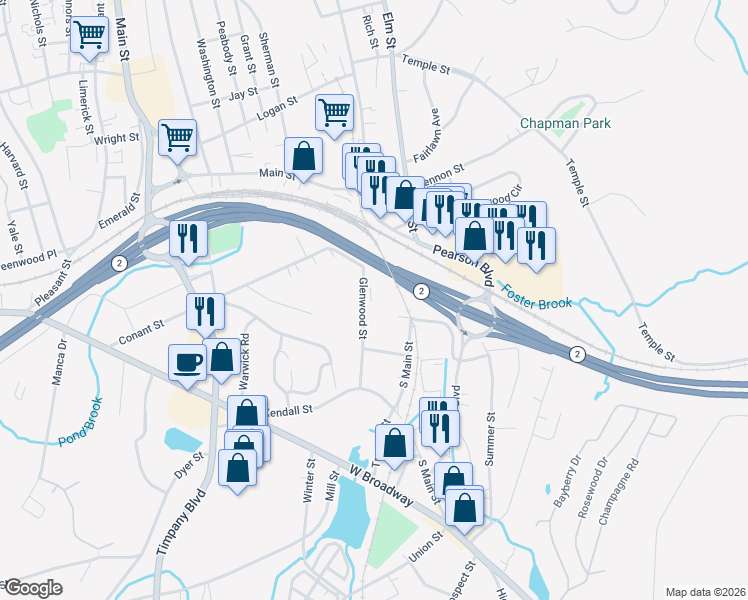map of restaurants, bars, coffee shops, grocery stores, and more near 45 Glenwood Street in Gardner