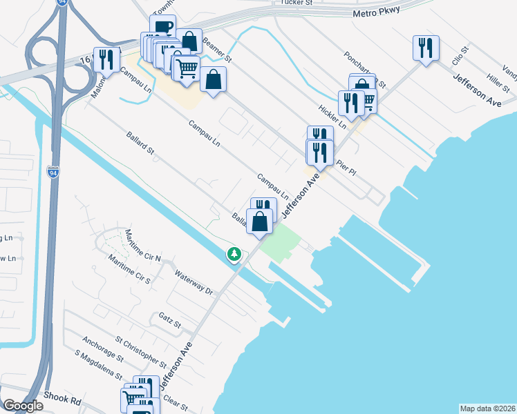 map of restaurants, bars, coffee shops, grocery stores, and more near 27215 Ballard Street in Harrison Township