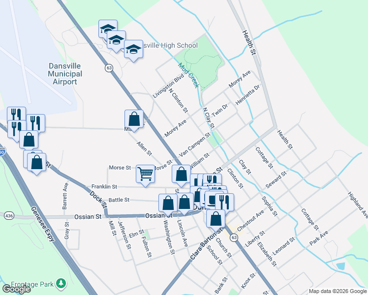 map of restaurants, bars, coffee shops, grocery stores, and more near 224 Main Street in Dansville