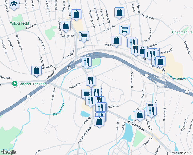 map of restaurants, bars, coffee shops, grocery stores, and more near 11 Warwick Road in Gardner