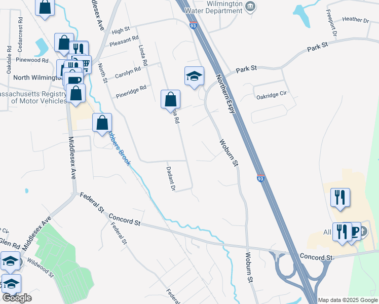 map of restaurants, bars, coffee shops, grocery stores, and more near 1 Dadant Drive in Wilmington