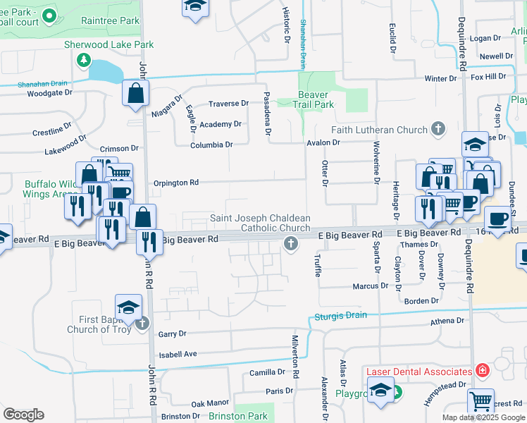 map of restaurants, bars, coffee shops, grocery stores, and more near 2361 Cedar Knoll Drive in Troy