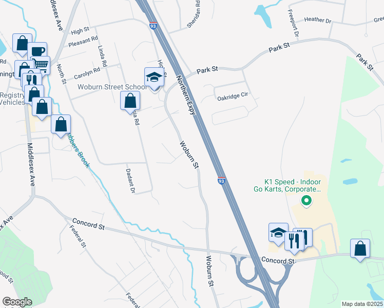 map of restaurants, bars, coffee shops, grocery stores, and more near 280 Woburn Street in Wilmington
