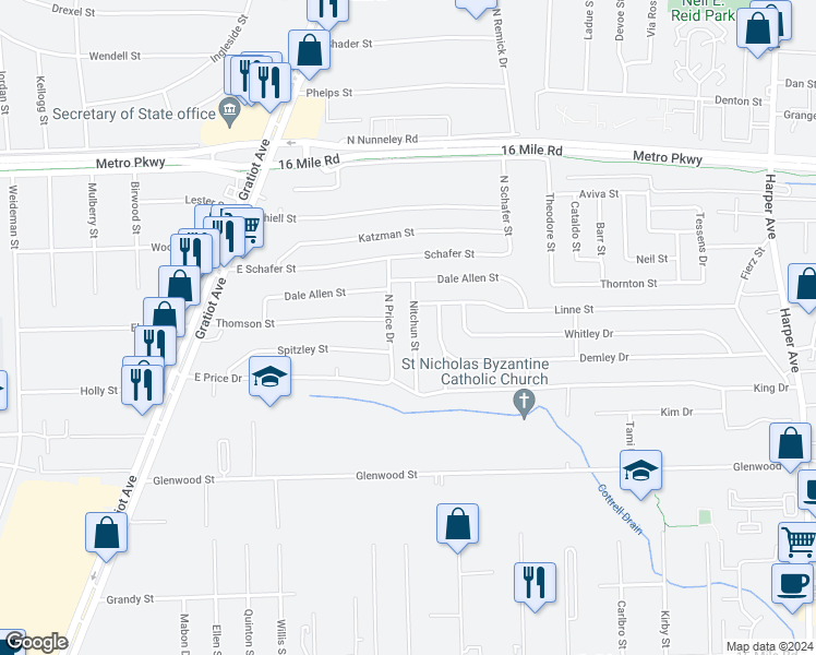 map of restaurants, bars, coffee shops, grocery stores, and more near 36361 Nitchun Street in Charter Township of Clinton