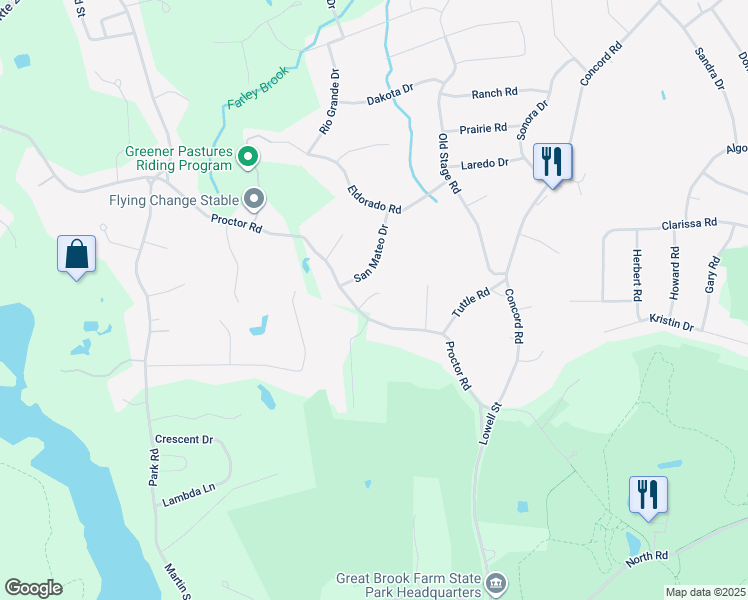 map of restaurants, bars, coffee shops, grocery stores, and more near 168 Proctor Road in Chelmsford
