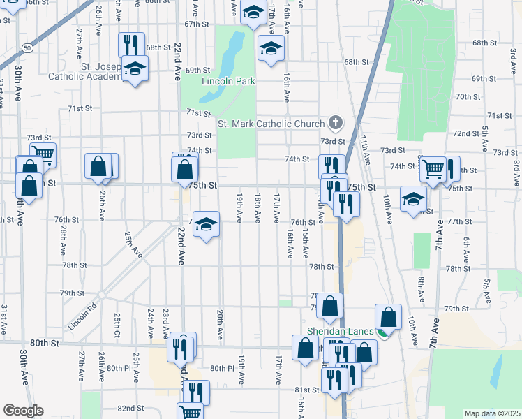 map of restaurants, bars, coffee shops, grocery stores, and more near in Kenosha