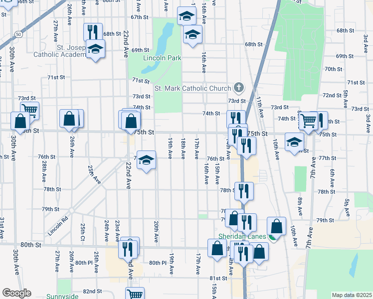 map of restaurants, bars, coffee shops, grocery stores, and more near 7535 18th Avenue in Kenosha