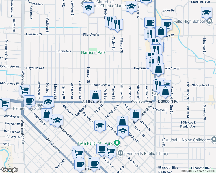 map of restaurants, bars, coffee shops, grocery stores, and more near 225 Polk Street in Twin Falls