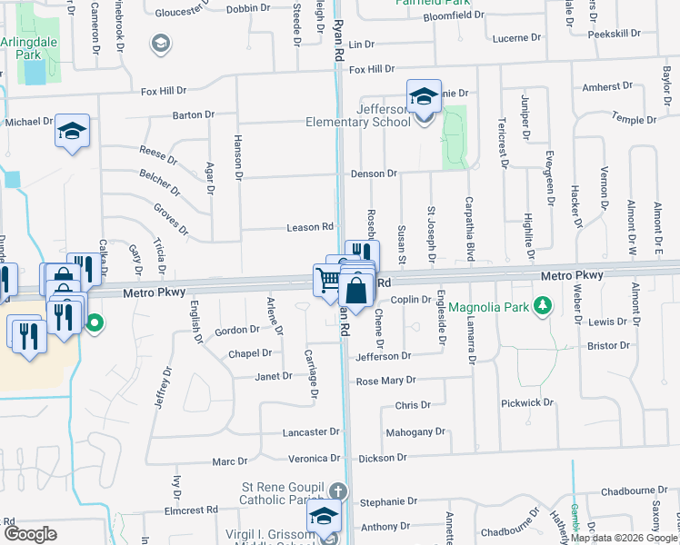 map of restaurants, bars, coffee shops, grocery stores, and more near in Sterling Heights