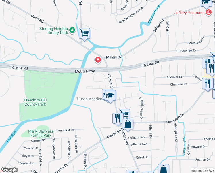 map of restaurants, bars, coffee shops, grocery stores, and more near 15553 Timbers Edge Drive in Clinton Township