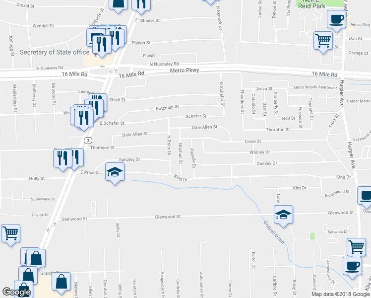 map of restaurants, bars, coffee shops, grocery stores, and more near 36364 Nitchun Street in Charter Township of Clinton