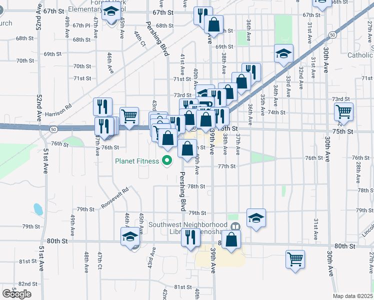 map of restaurants, bars, coffee shops, grocery stores, and more near 7578-7598 Pershing Blvd in Kenosha