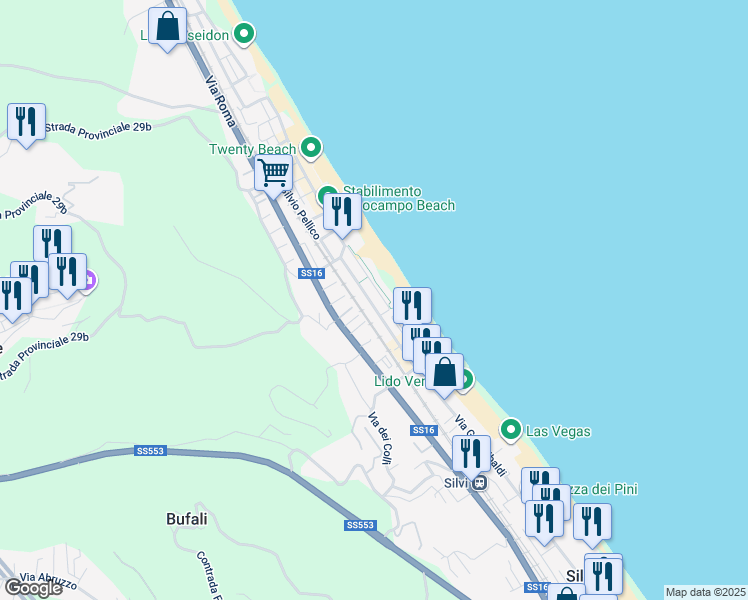 map of restaurants, bars, coffee shops, grocery stores, and more near 70 Via Taranto in Silvi