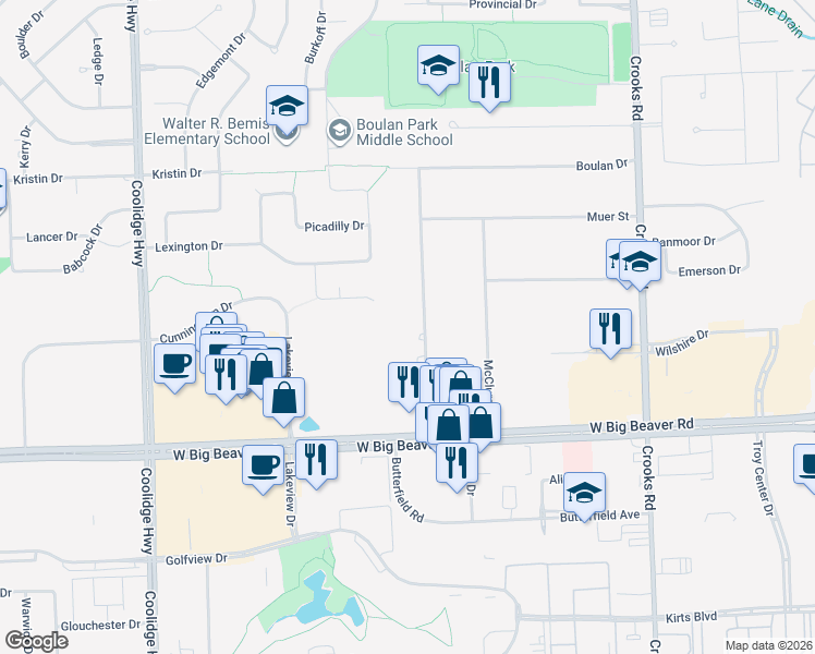 map of restaurants, bars, coffee shops, grocery stores, and more near 3243 Alpine Road in Troy