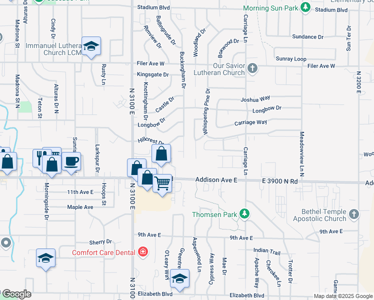 map of restaurants, bars, coffee shops, grocery stores, and more near 2366 Hillcrest Drive in Twin Falls