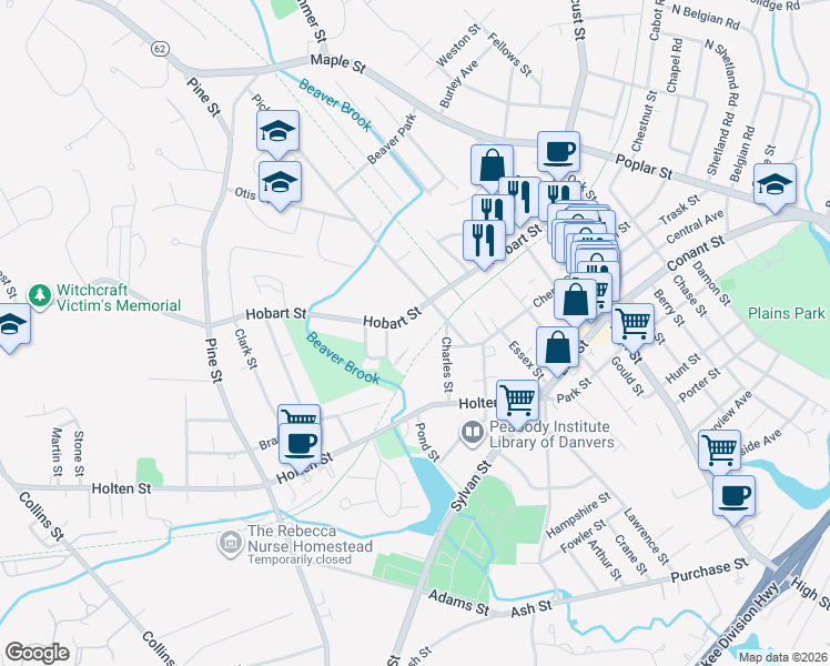 map of restaurants, bars, coffee shops, grocery stores, and more near 16 Pickering Street in Danvers