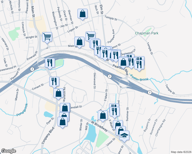 map of restaurants, bars, coffee shops, grocery stores, and more near 19 Glenwood Street in Gardner
