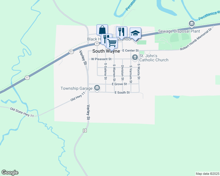 map of restaurants, bars, coffee shops, grocery stores, and more near 50 East Grove Street in South Wayne