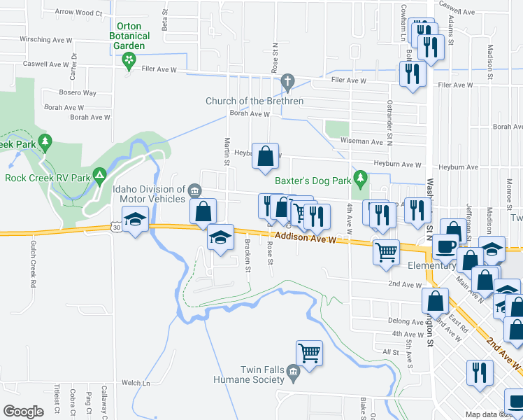 map of restaurants, bars, coffee shops, grocery stores, and more near Chester Drive in Twin Falls