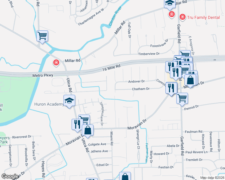 map of restaurants, bars, coffee shops, grocery stores, and more near 36567 Gloucester Drive in Clinton Township