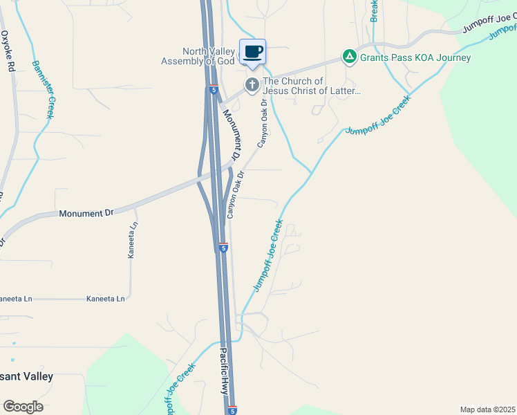 map of restaurants, bars, coffee shops, grocery stores, and more near 439 Canyon Oak Drive in Grants Pass