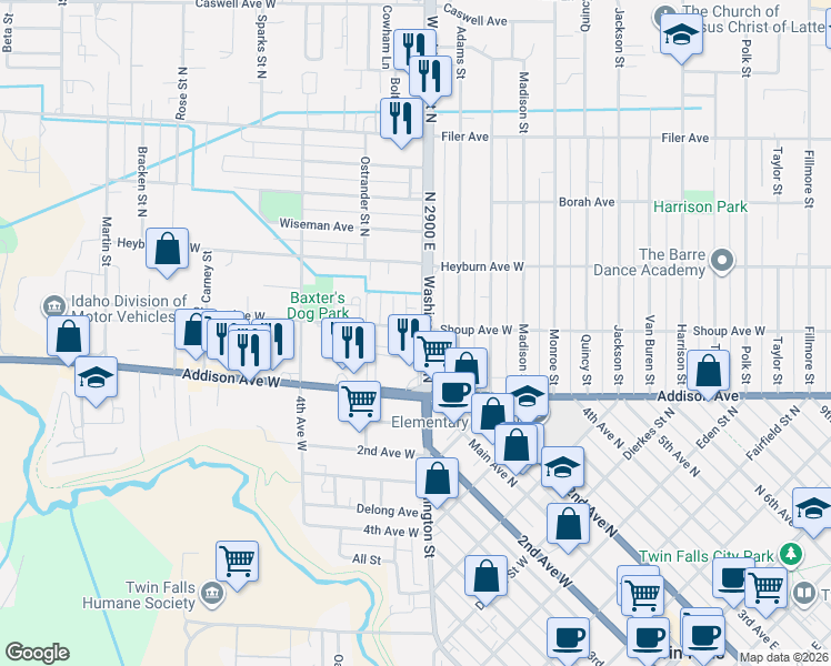 map of restaurants, bars, coffee shops, grocery stores, and more near 226 North 2900 East in Twin Falls