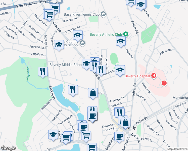 map of restaurants, bars, coffee shops, grocery stores, and more near 491 Cabot Street in Beverly