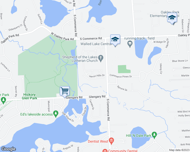 map of restaurants, bars, coffee shops, grocery stores, and more near 6102 Heron Hills Drive in Commerce Charter Township