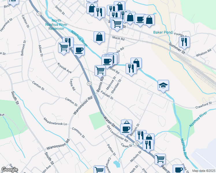 map of restaurants, bars, coffee shops, grocery stores, and more near 25 Market Street in Fitchburg