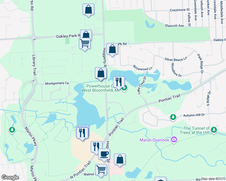 map of restaurants, bars, coffee shops, grocery stores, and more near 4747 Haggerty Road in West Bloomfield Township