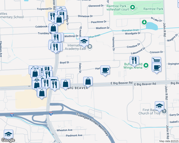 map of restaurants, bars, coffee shops, grocery stores, and more near 1255 Hartland Street in Troy
